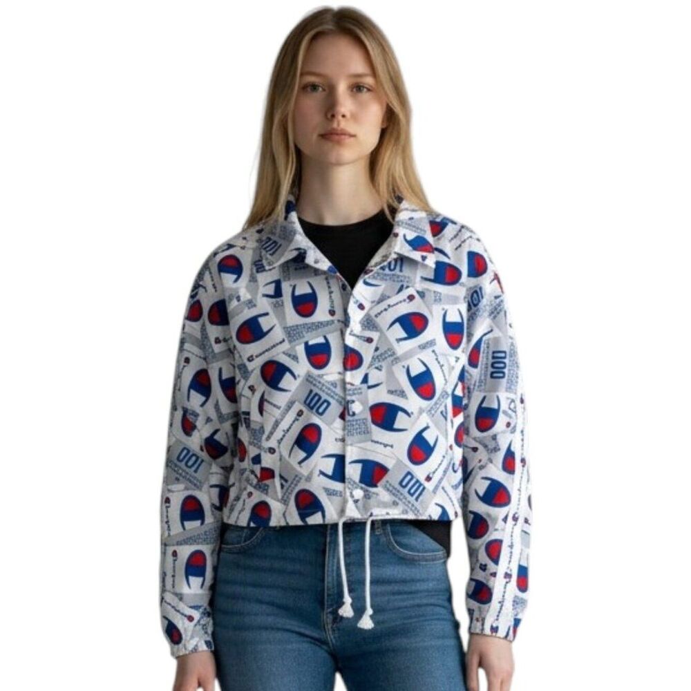 Champion Cropped Coaches Jacket XS Logo Print White Snap Front Windbreaker